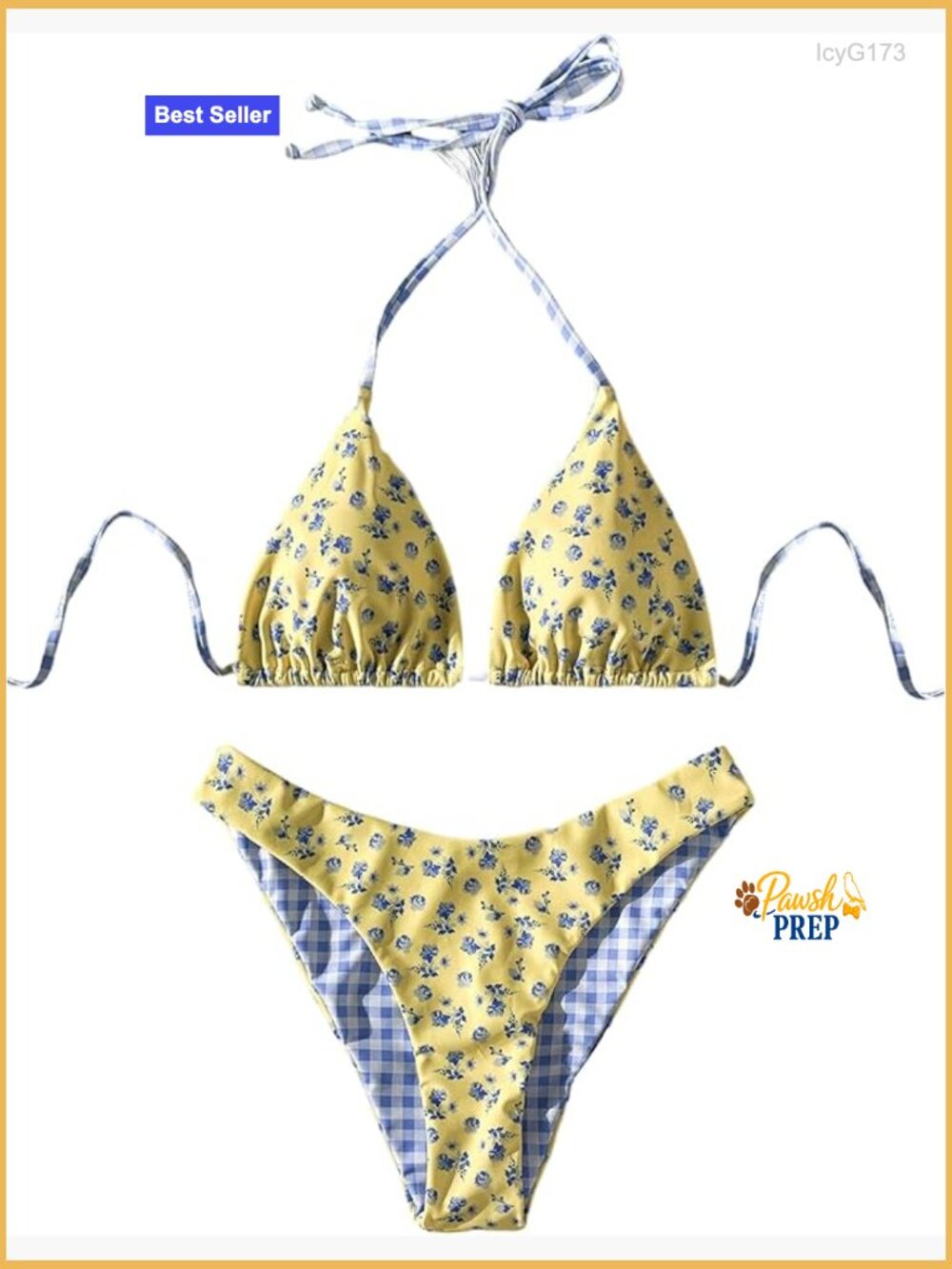 Gingham Floral Halter Triangle Bikini Set Coquette Boho Swimwear
